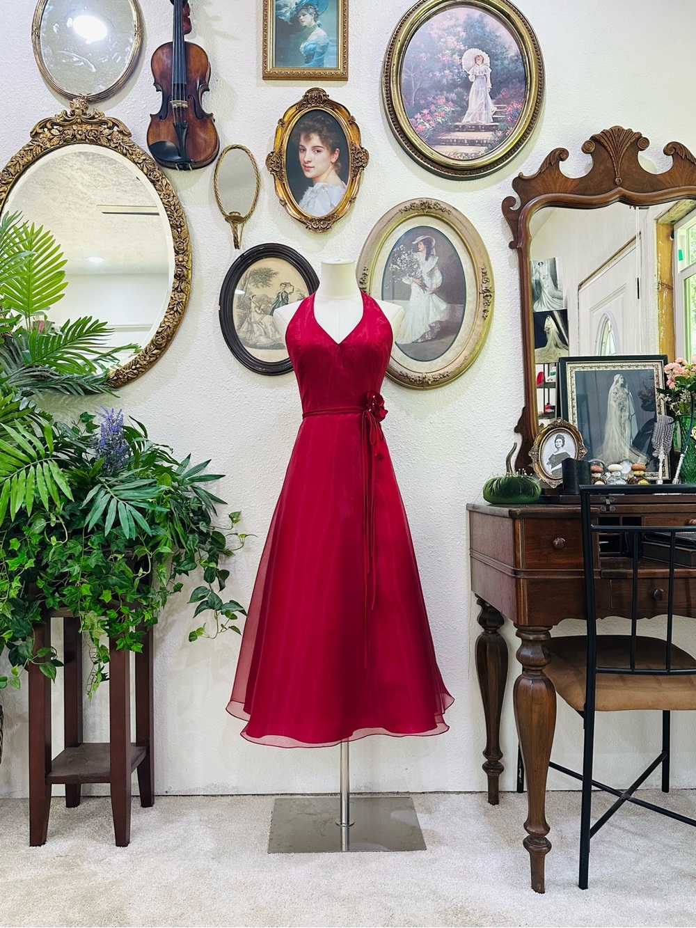 David's Bridal Red Halter Midi Dress with Floral Sash
